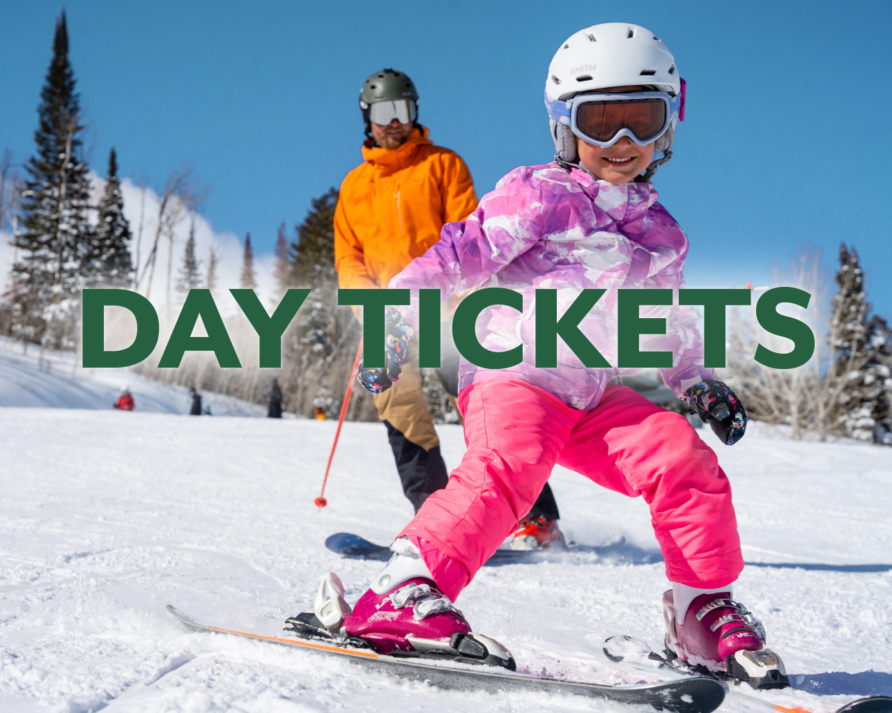 Day Tickets button, skier child with adult at Powderhorn Mountain Resort