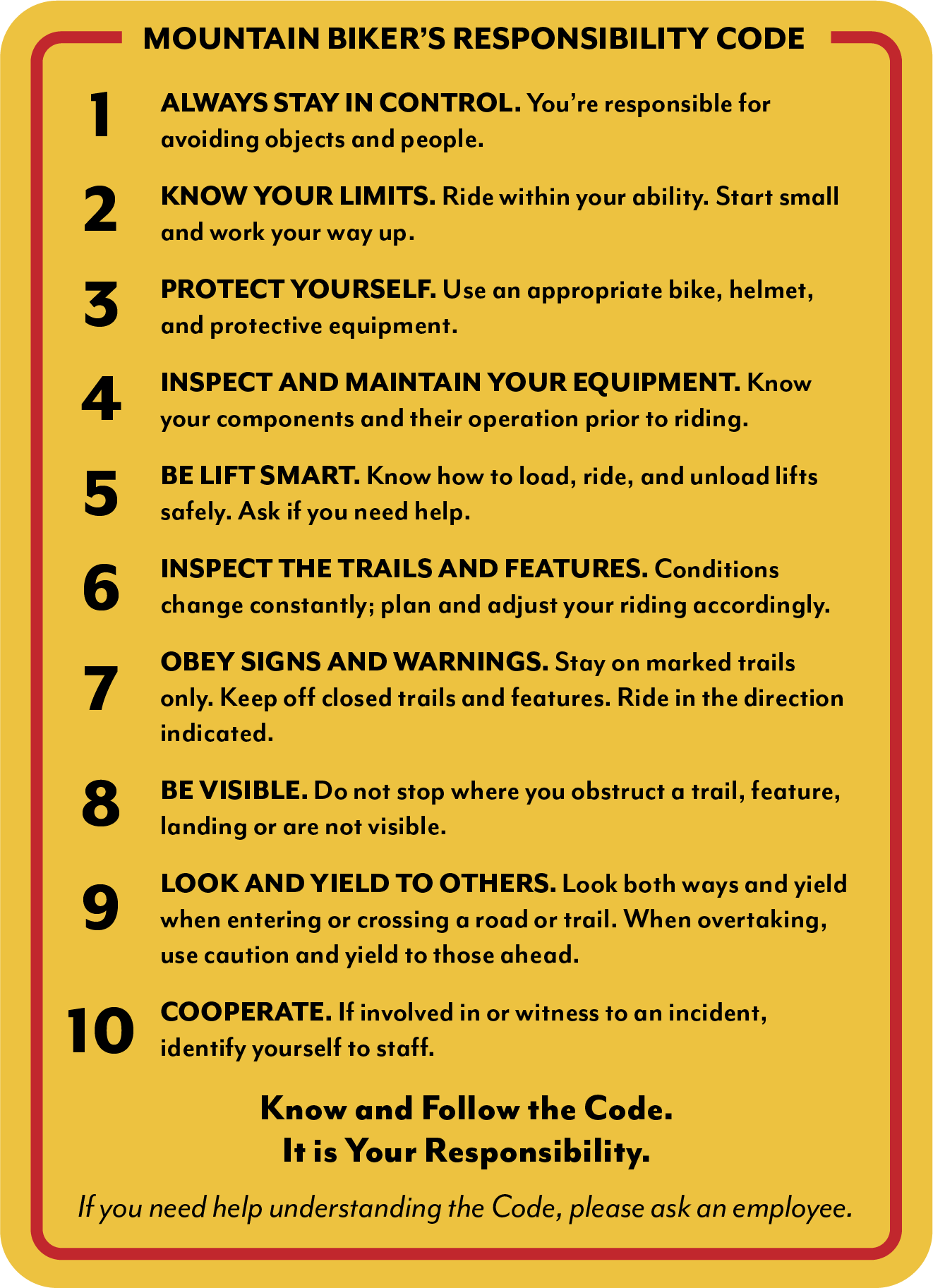 NSAA Bike Park Responsibility Code
