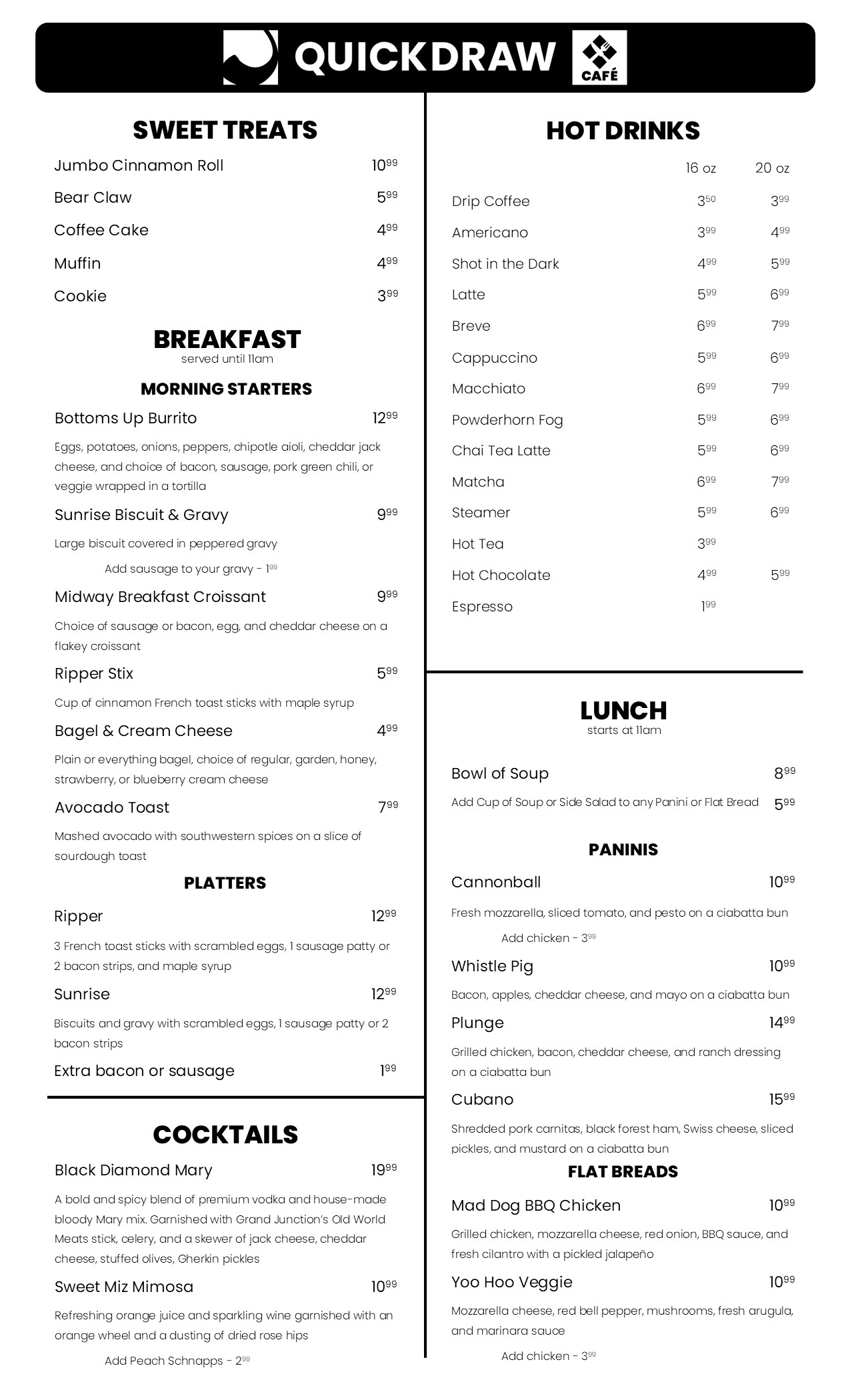 Quickdraw Cafe Menu